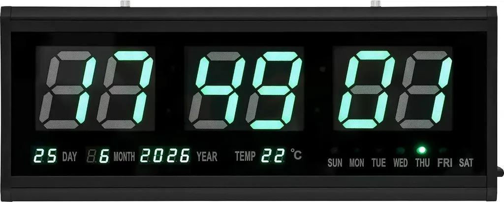Horloge numérique à LED verte 48x19 cm - Affichage Heure Date Température