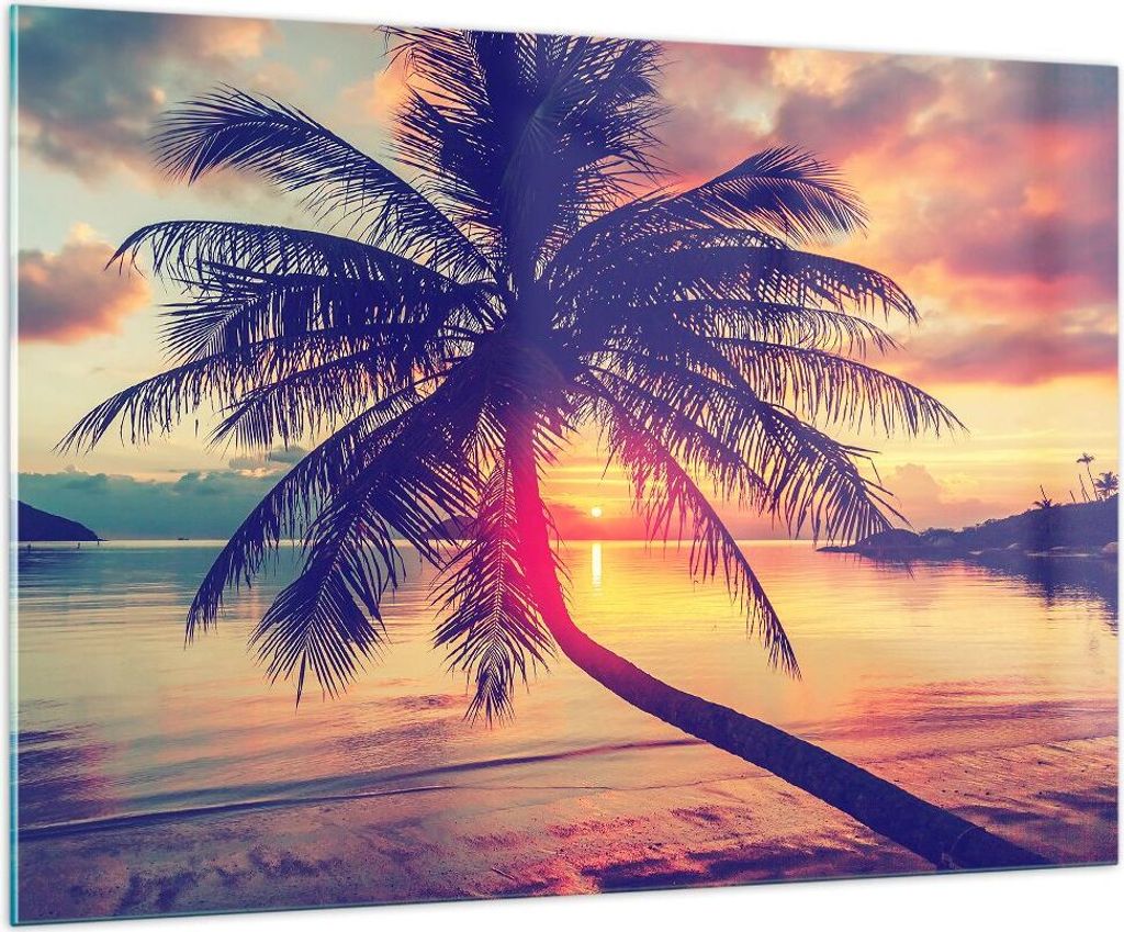 Bilder auf glas - Meer Strand Palme - 100x70cm - Glasbilder - Wandbilder - Kunstdruck - zum Aufhängen bereit - Wanddekoration aus Glas - Glas Bild...