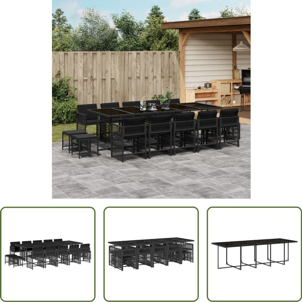 The Living Store 15-tlg. Garten-Essgruppe mit Kissen Schwarz Poly Rattan