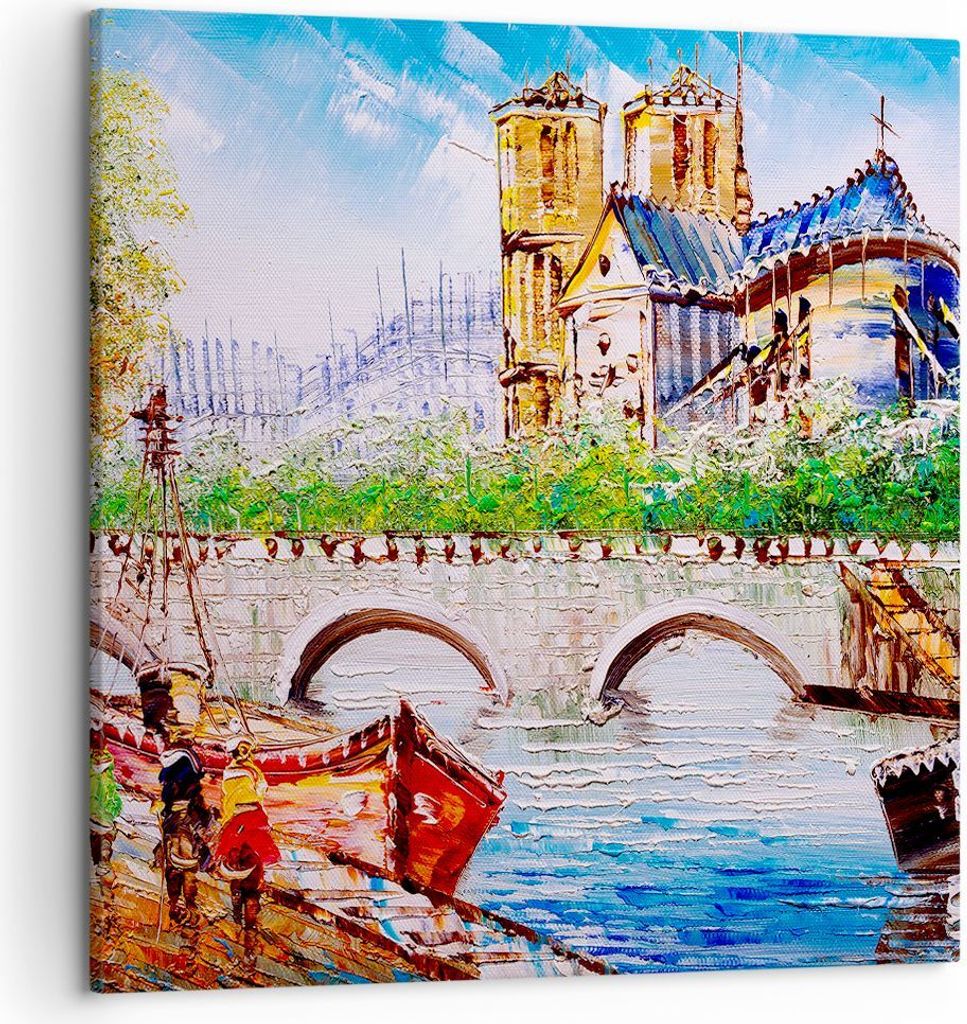 Bild auf Leinwand - Leinwandbild - Boot Fluss Brücke Zeichnung - 50x50cm - Wand Bild - Wanddeko - Leinwanddruck - Bilder - Kunstdruck - Wanddekora...