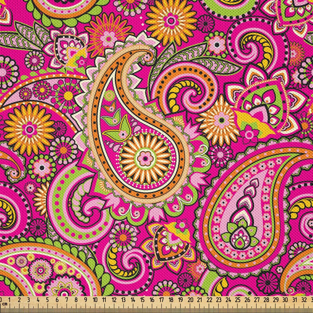 ABAKUHAUS Paisley Satin Stoff als Meterware, Vivid Design mit Blumen Punkte Blätter und Ornamental Patterns Artwork Print, 1 M (148 x 100 cm), Meh...