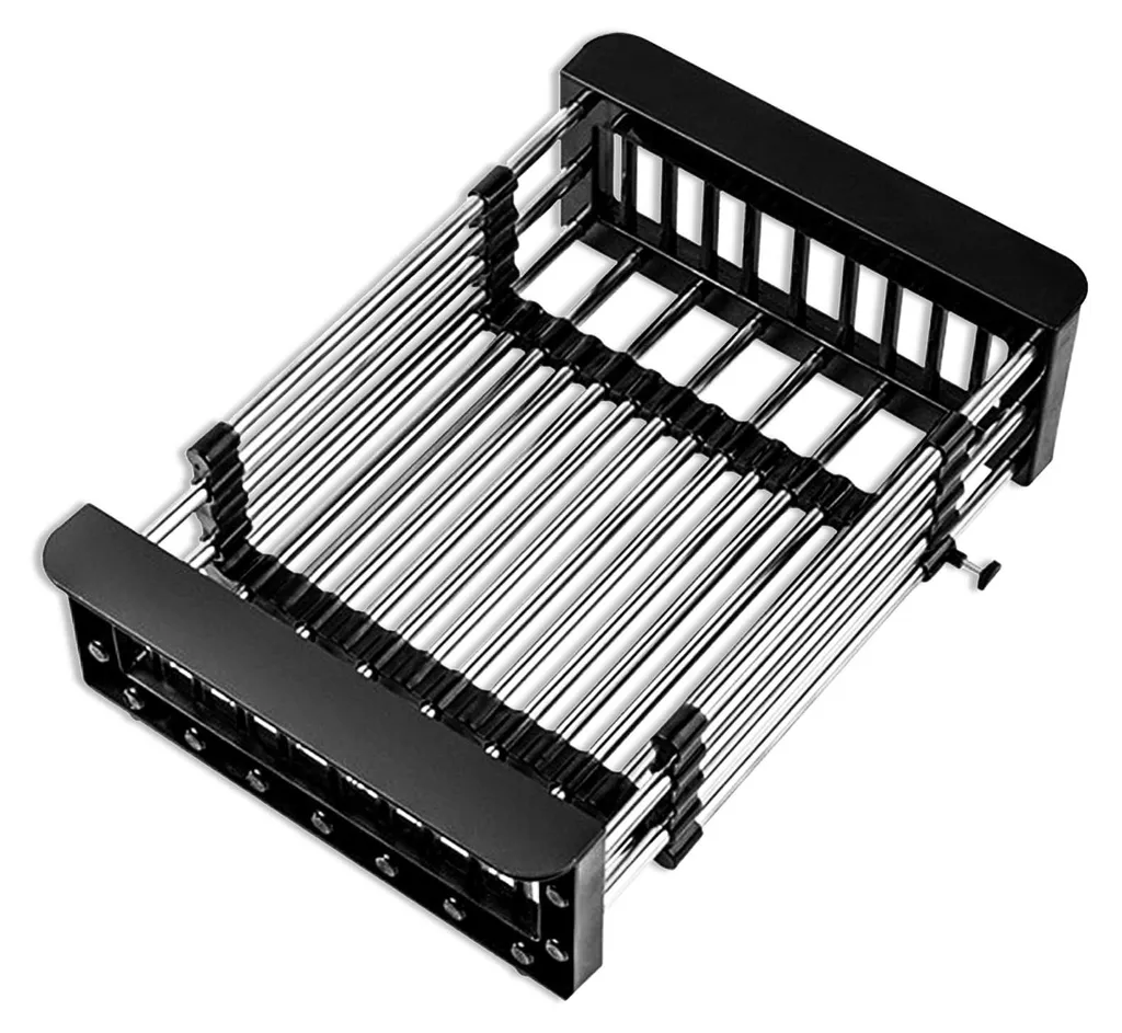 Égouttoir télescopique en inox avec panier ajustable pour bac d'évier