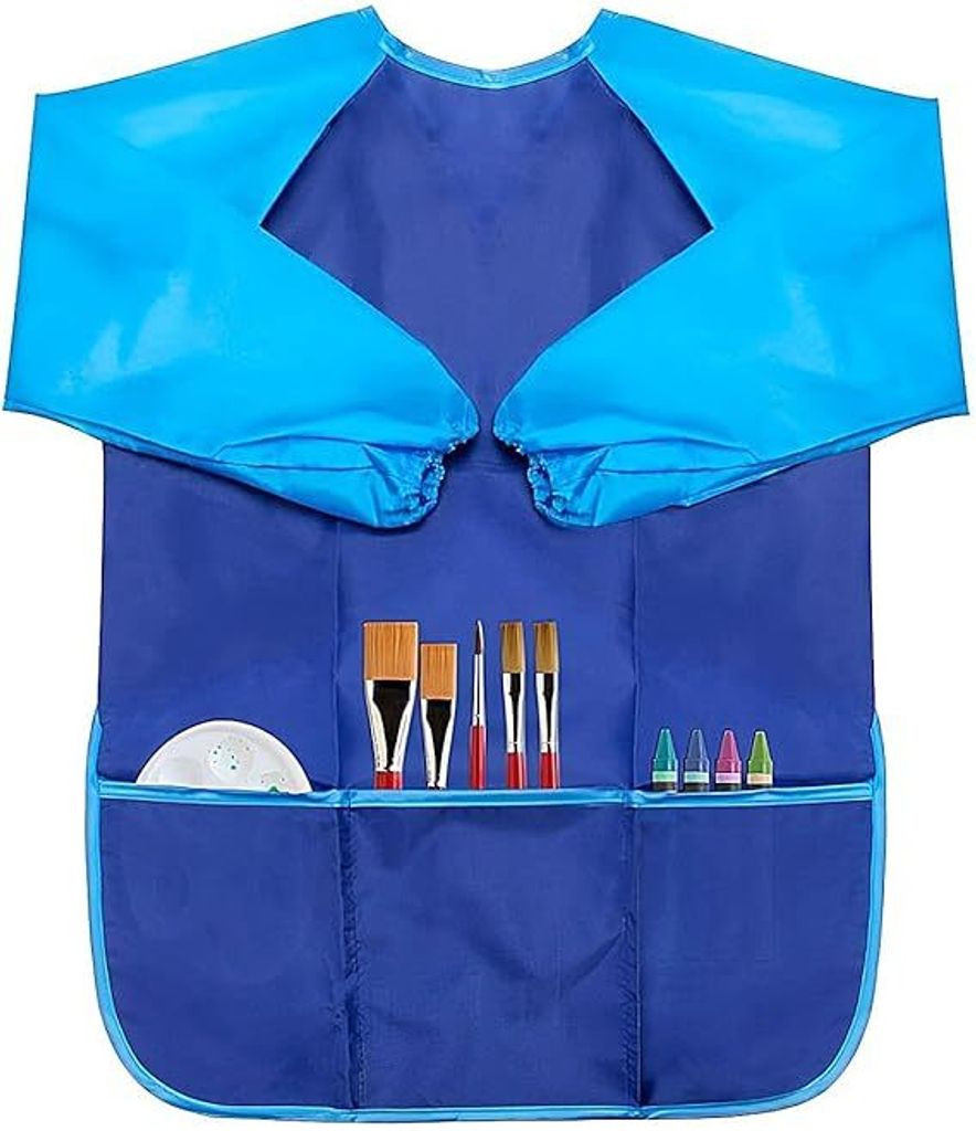 Malschürze für die Kinder von 6-9 Jahre | 3 Taschen | wasserabweisend | Bastelschürze Kinderschürze Malkittel | mit Klettverschluß | Farbe Blau