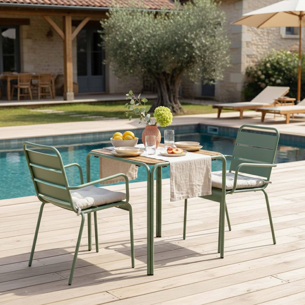 Gartentisch aus Metall und Polywood 70 cm und 2 Stühle in Salbeigrün - Oviala Roussillon