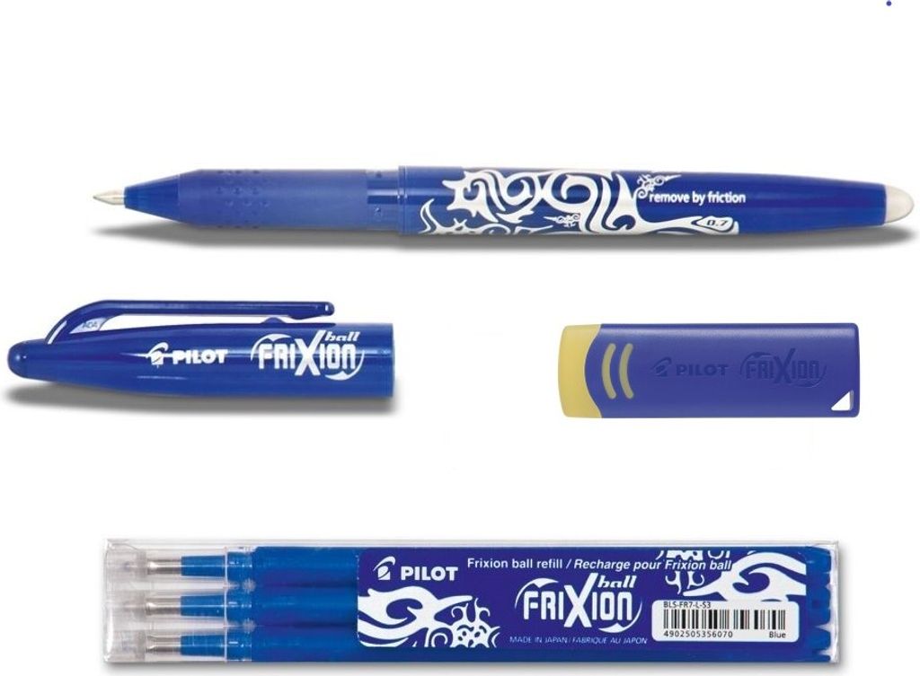 1 Pilot Frixion Ball blau + 3 Ersatzminen blau + Radierer als Gratiszugabe