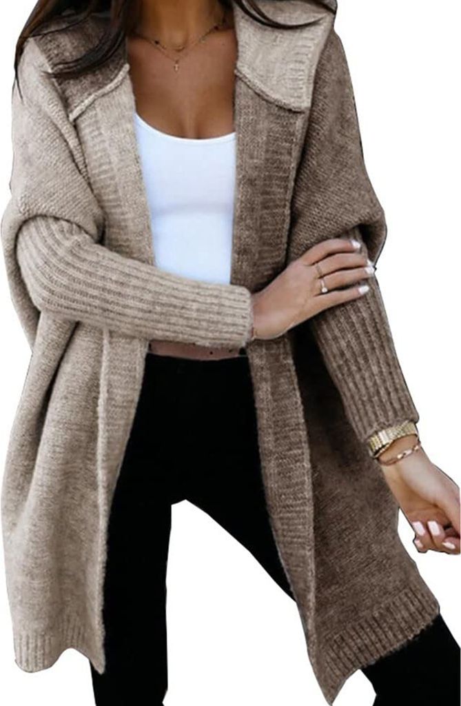 ASKSA Damen Strickjacken Kapuzenpullover Warm Lang Cardigan Strickmantel Casual Herbst Winter Grobstrickjacke Mit Kapuze (Dunkelkhaki,XL)