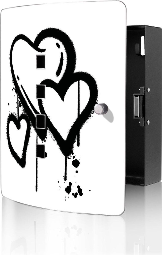 banjado Design Schlüsselkasten aus Edelstahl für 10 Schlüssel, Schlüsselschrank 24 x 21,5 x 7cm groß mit Magnetverschluss, Herzen Graffiti [BW...
