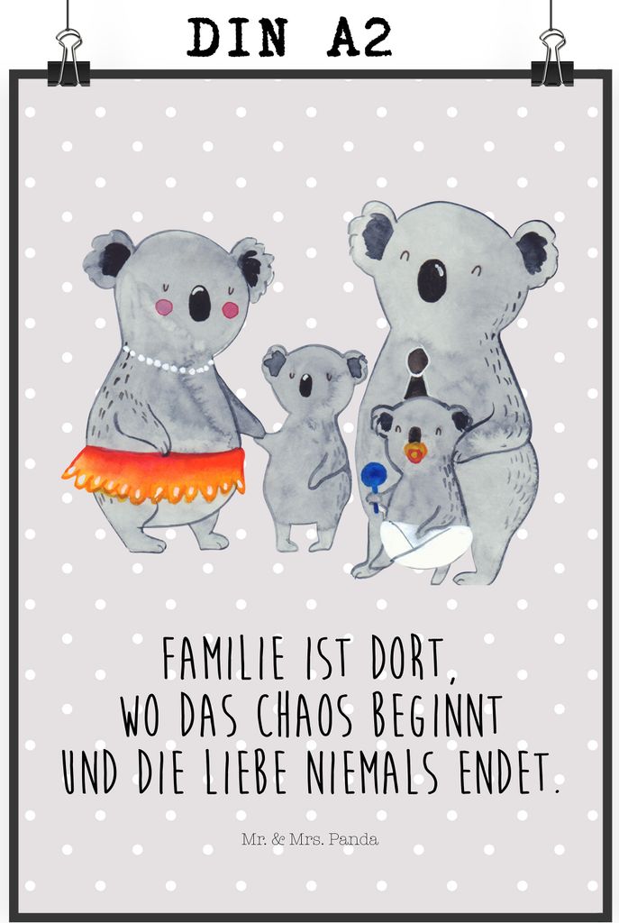 Mr. & Mrs. Panda Bild Koala Familie DIN A2 - Grau Pastell - Geschenk, Wandbild, Family, Koalas, kunstdruck poster, Kinder, Wanddekoration, Mutterta...