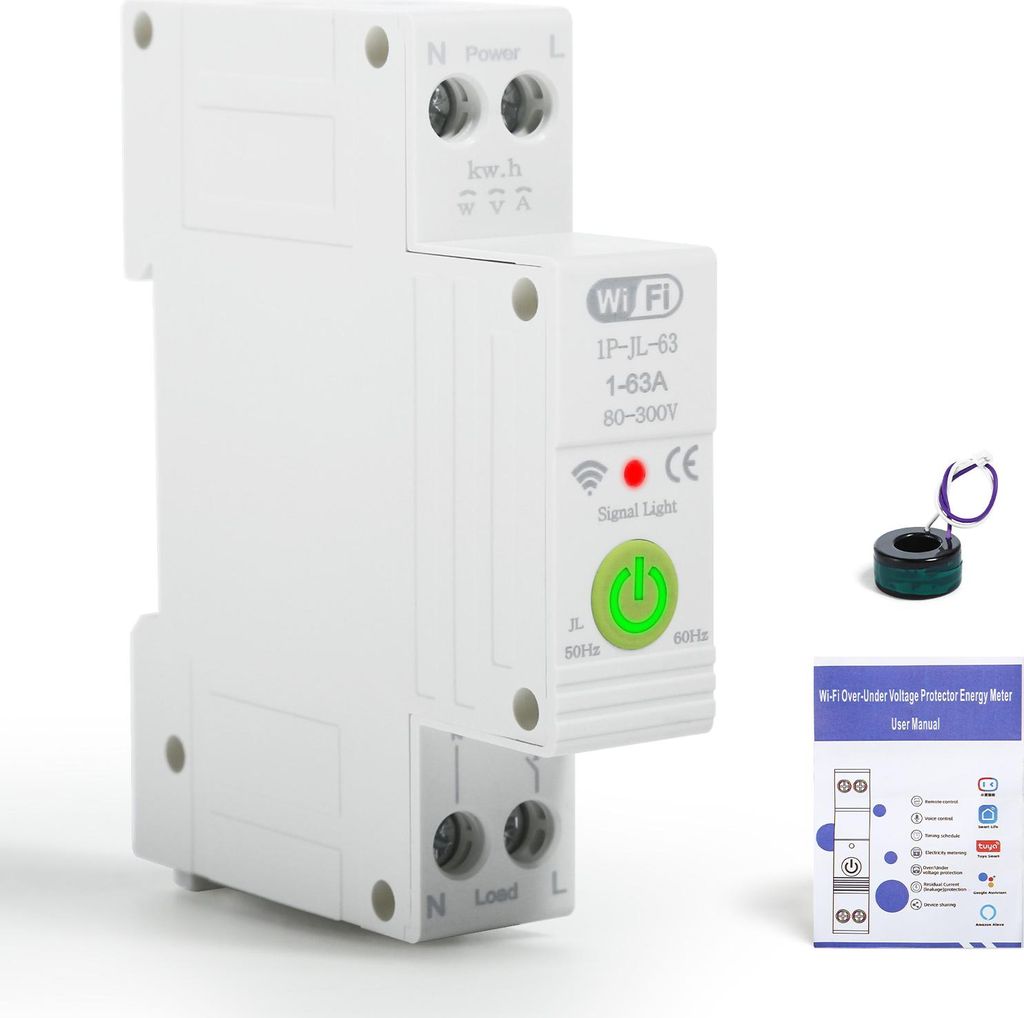 1P 63A WiFi Smart Circuit Breaker Energiezähler Sprachsteuerung Schalter mit Fehlerstromschutz