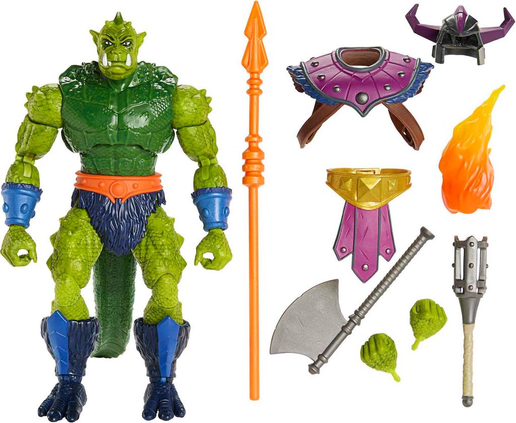 A toy action figure and its accessories are displayed against a white background.