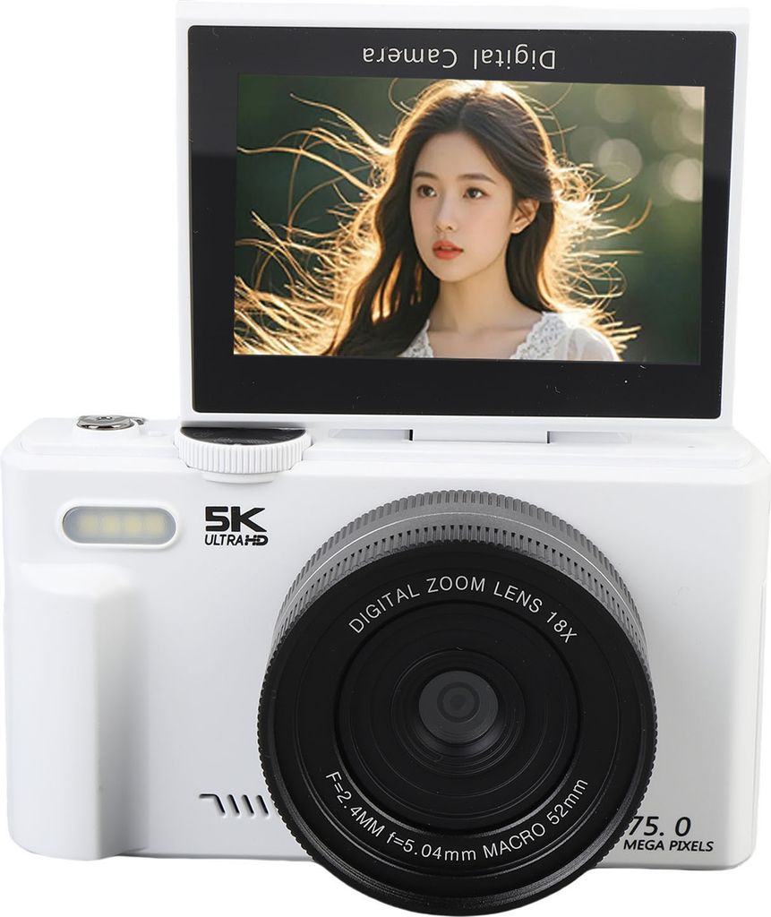 5K HD Digitalkamera 75MP UHD 18XAF Autofokus 3 Zoll Flip Screen WiFi Kamera mit Blitz für Fotografie und Video Weiß