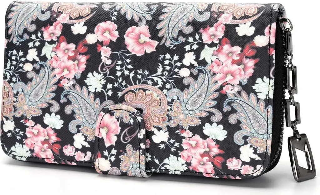 Portafoglio grande da donna in formato lungo, portafoglio con motivo di fiori e boccioli in stile mandala ed etnico, portafoglio con cerniera e bottone a pressione e molti altri ancora