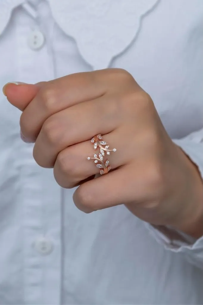 Bague ajustable en argent sterling 925 motif branche olivier or rose