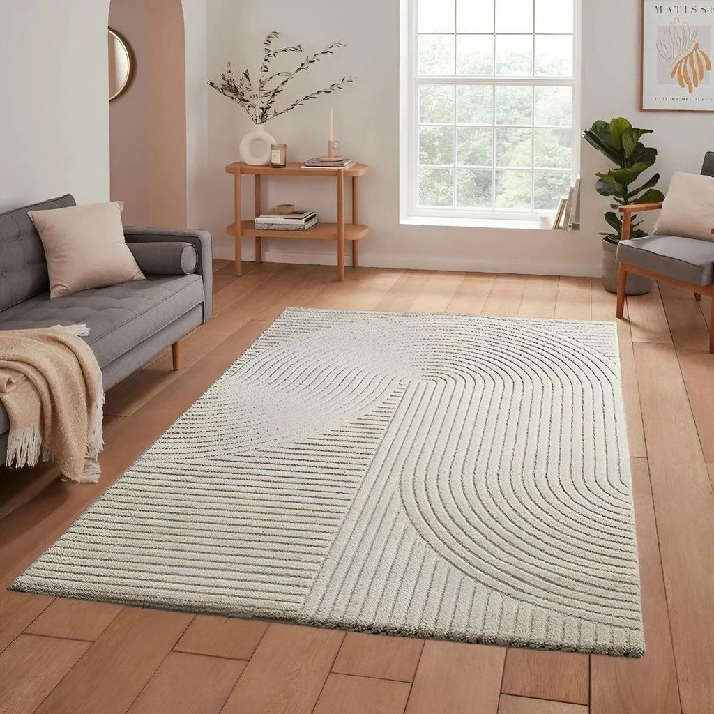 Wohnzimmer Teppich Eliora Japandi Creme, Modernes Design, Kurzflor, Pflegeleicht, Antiallergisch, Geeignet für Fußbodenheizung, Größe 120 X 170 CM