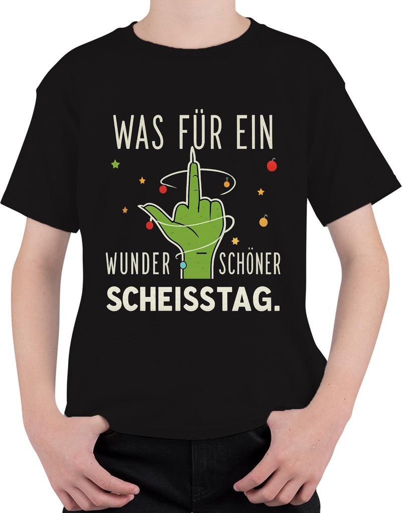 WAS FÜR EIN WUNDERSCHÖNER SCHEISSTAG grüner Mittelfinger frech Uni Kinder T-Shirt, Schwarz, 128