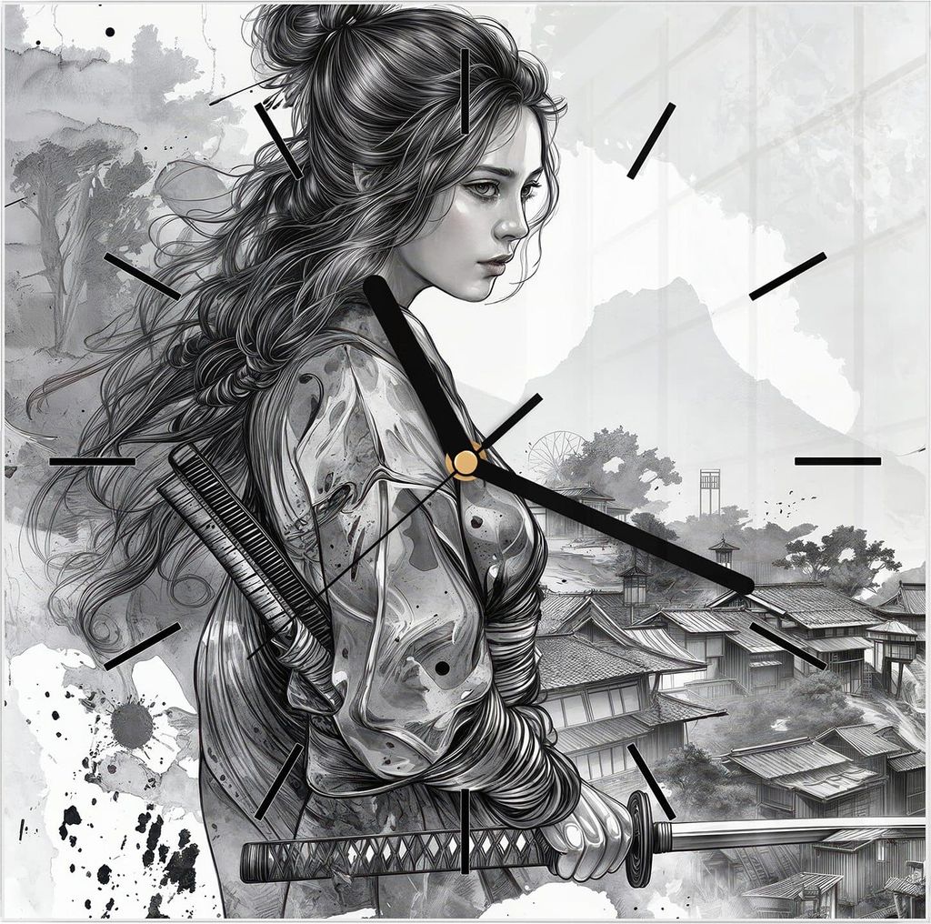 Wanduhr aus Glas mit Motiv Samurai Kriegerin Stadt- 30 x 30 cm - inkl. Aufhängesystem