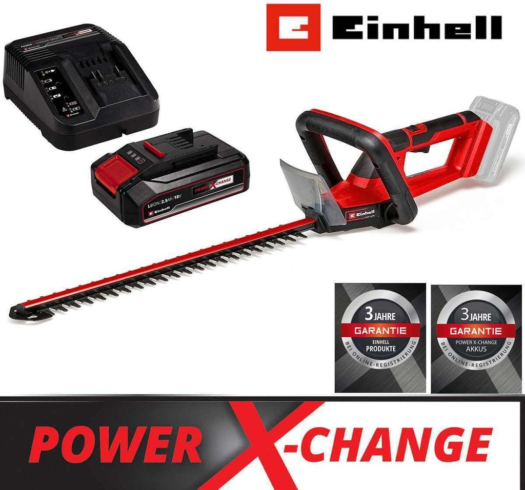 A red and black Einhell hedge trimmer with a battery and charger, along with warranty badges and a "Power X-Change" logo.