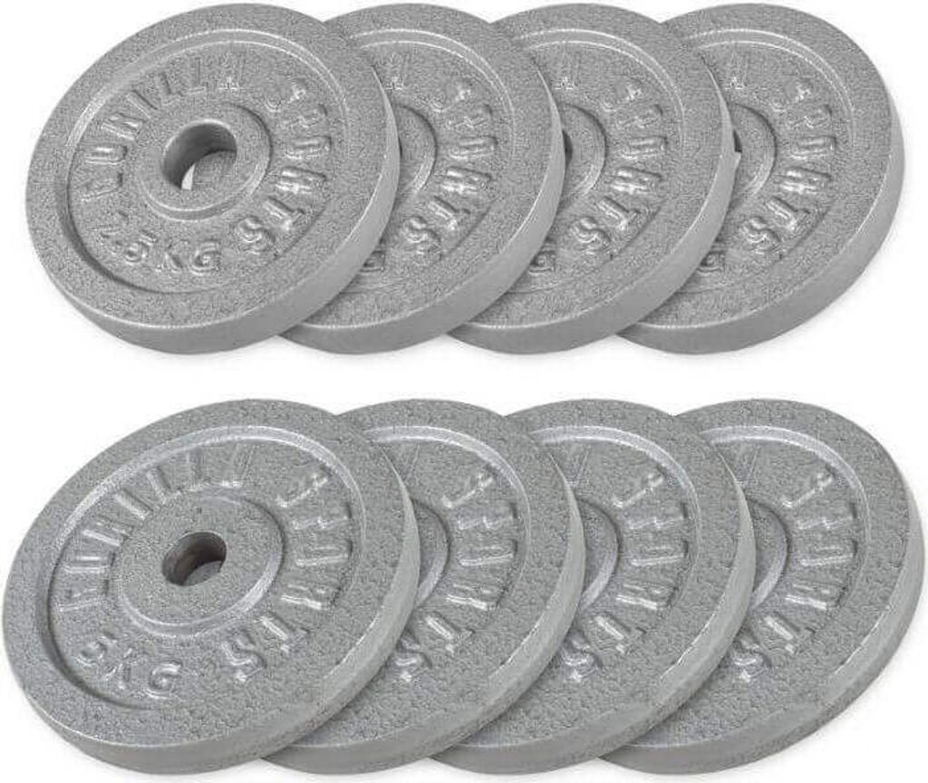 GORILLA SPORTS Hantelscheiben - 30 kg Set, 4x2,5 + 4x5 kg Gewichte, 30/31 mm, Gusseisen, Silber- Gewichtsscheiben, Bumper Plates