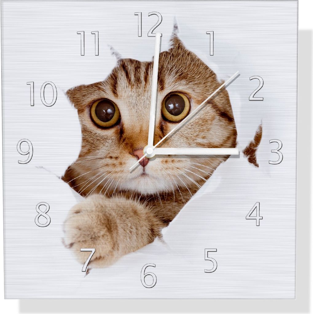 Wallario Design Wanduhr Katze mit Blick nach vorn aus Aluverbund, Größe 30 x 30 cm