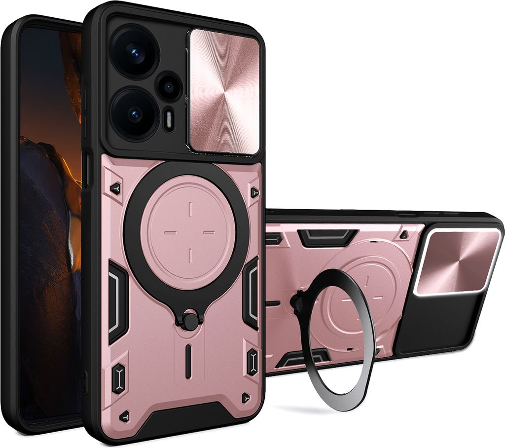 Handyhülle für Xiaomi Poco F5 Dual-Layer Stoßfest Rüstung Hülle mit Dia Kameraschutz und Kreisförmig Ring Ständer Roségold