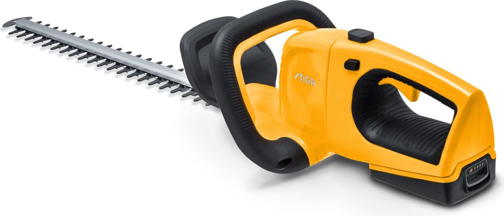 A yellow and black cordless hedge trimmer is shown against a white background.