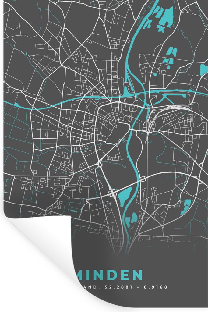 MuchoWow Wandtattoo Wandsticker Wandaufkleber Stadtplan - Karte - Minden - Blau - Deutschland - Karte 60x90 cm Selbstklebend und Repositionierbar...