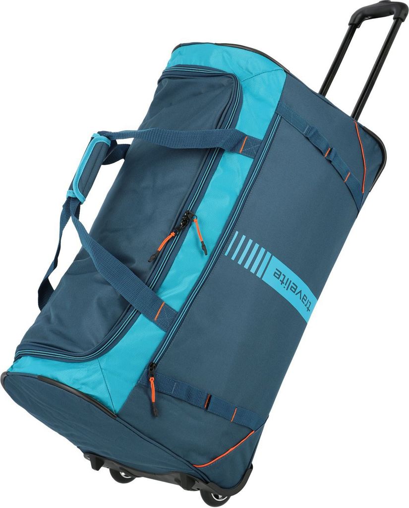 A blue and teal rolling duffel bag is shown against a white background.