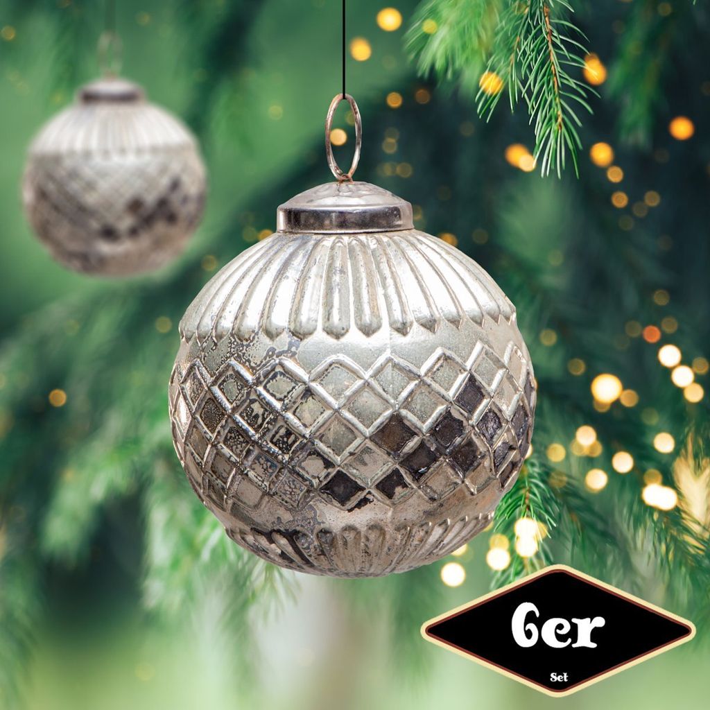 Christbaumkugelset, Rund, 6er Set | Glas, Silber, Struktur | H8,5xB8,0cm