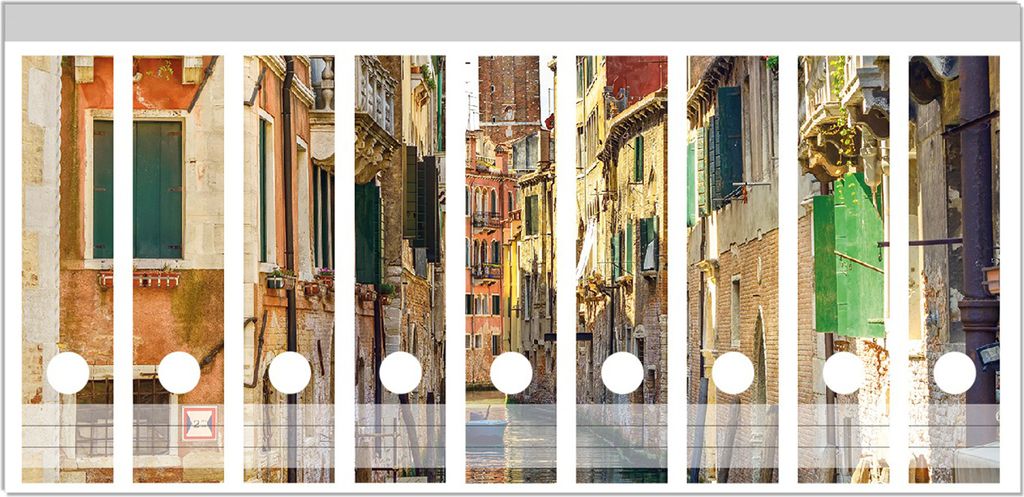 Wallario Ordnerrücken Sticker, selbstklebend für breite Ordner, 9 Stück, Motiv Urlaub in Venedig Kanal zwischen bunten Häusern
