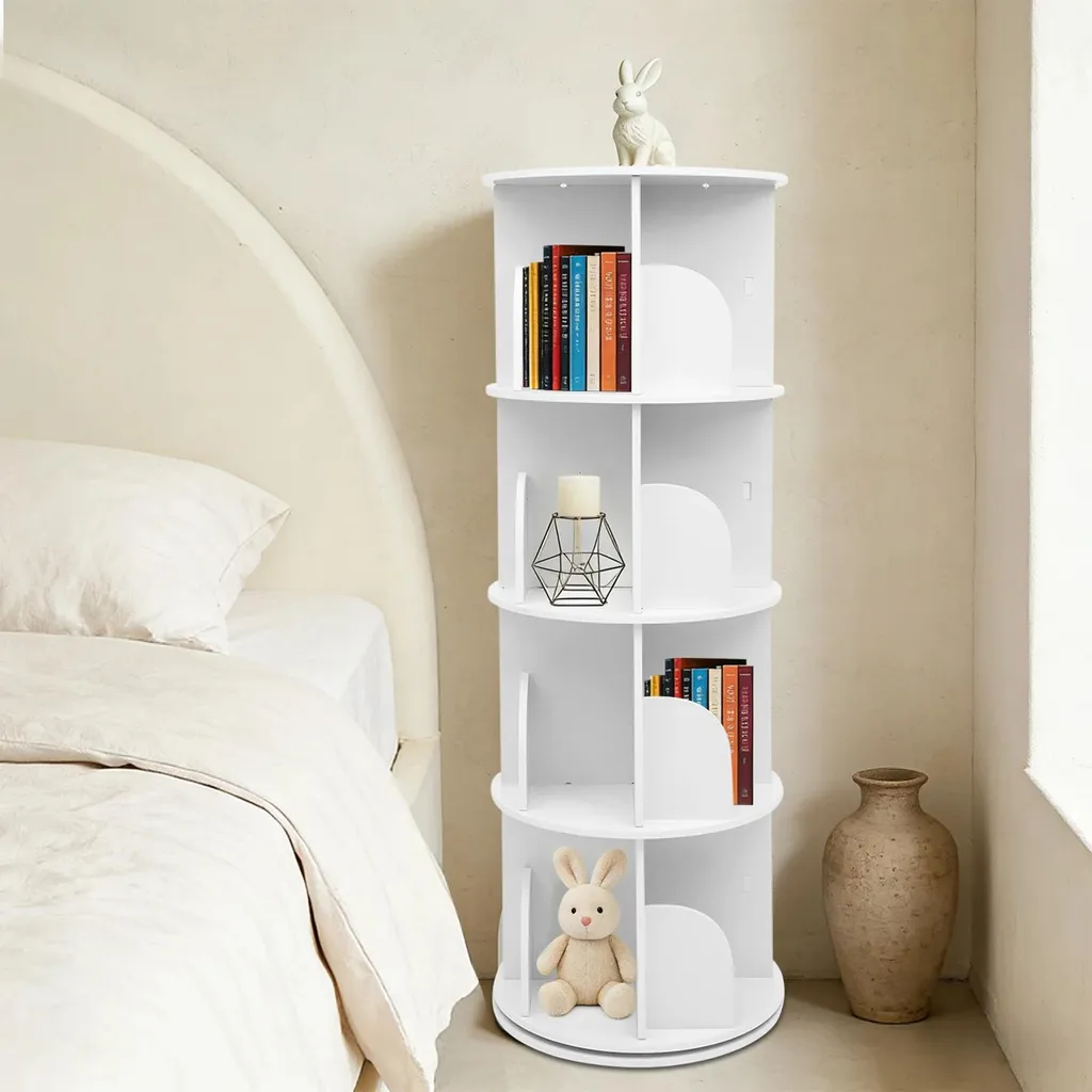 Étagère de rangement rotative 360° en bois blanc avec 4 compartiments