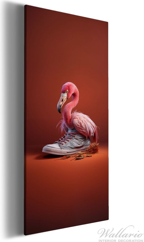 Wallario Premium Leinwandbild Flamingo im Sneaker in Größe 80 x 200 cm
