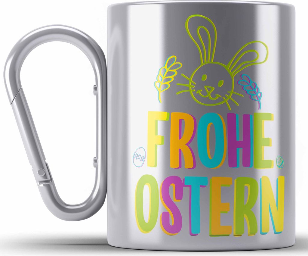 Trendation - Edelstahl Tasse Karabiner Ostern Ostergeschenke Kinder Jugendliche Geschenke Lustige Grafik Osterhase Osterei Frohe Ostern Lustig Bunt...
