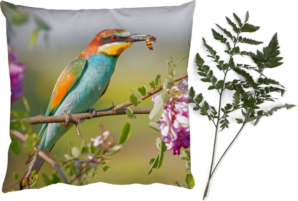 MuchoWow Zierkissen Sofakissen Wohnzimmer Dekokissen 40x40 cm Vogel - Bienenfresser - Blumen - Foto Kissen - Schlafzimmer Dekoration