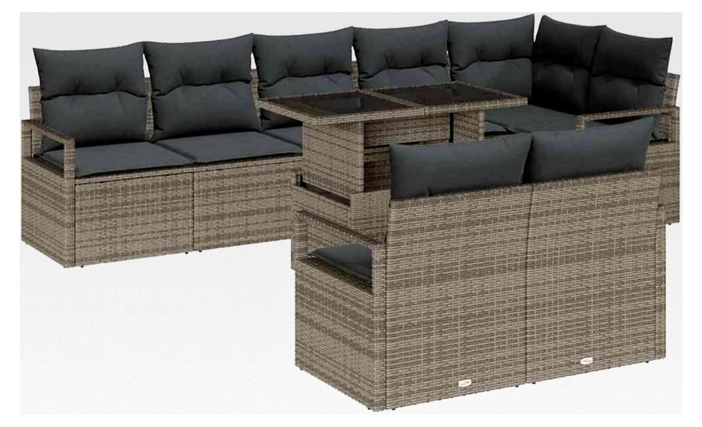 9-teiliges Garten-Sofa-Set mit Kissen in Grau aus Poly-Rattan für den Außenbereich