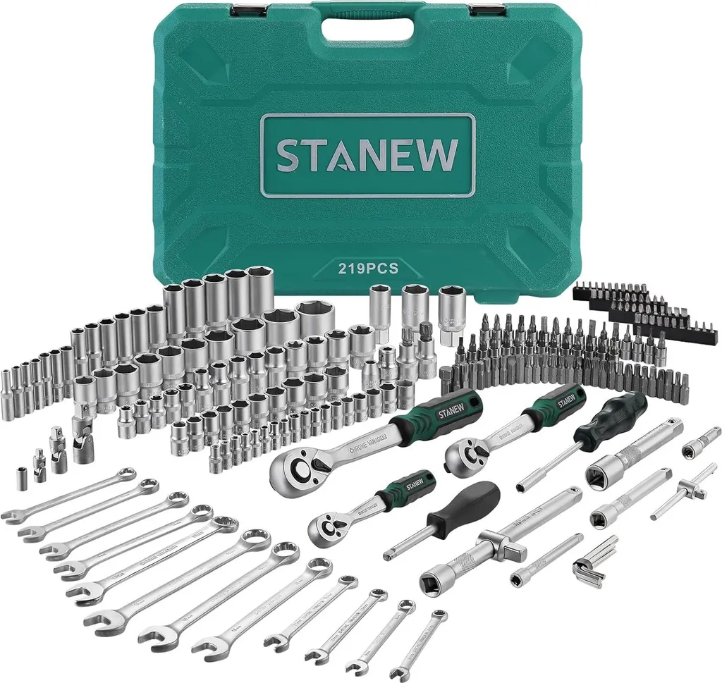 Kit Clé à Cliquet 219 Outils en Acier Chrome Vanadium pour Serrage Pro