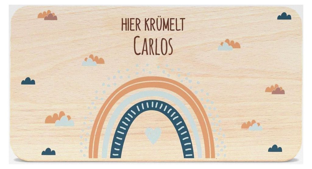 Bedrucktes Frühstücksbrettchen aus Holz - Regenbogen - Personalisierbar mit Namen - Lebensmittelechter, umweltfreundlicher Druck (GreenGuard Gold...
