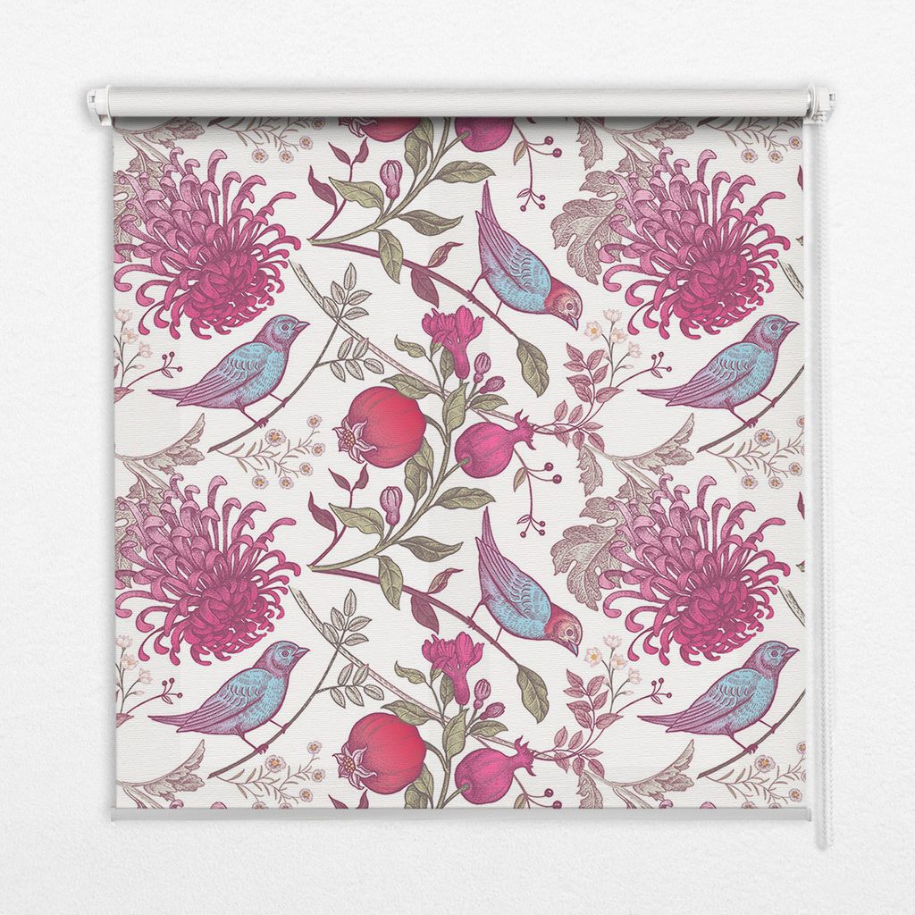 Seitenzug-Rollo Fensterrollo Jalousie - Lichtdurchlässig Springrollos - 100x100 cm - Bunte Vögel zwischen Blumen