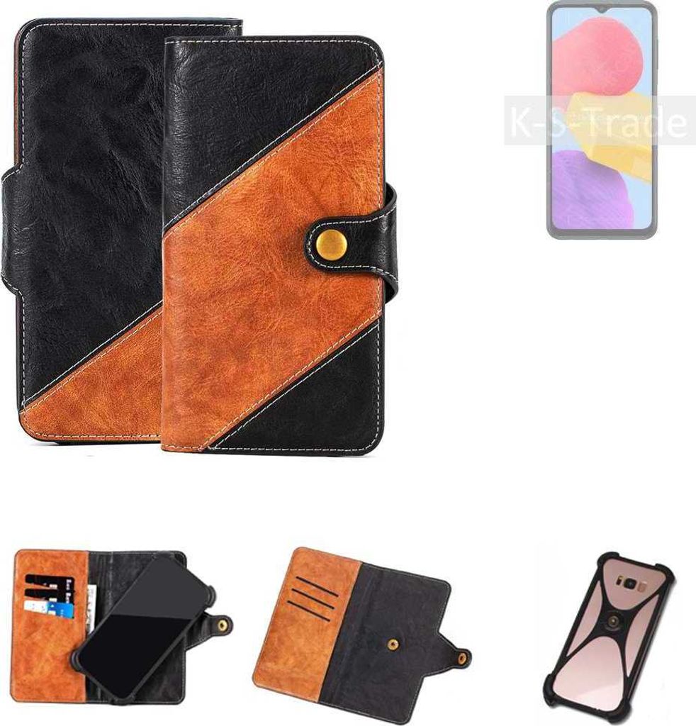K-S-Trade Handyhülle Schutzhülle Bookstyle Case Wallet-Case kompatibel mit Samsung Galaxy M13 Handy Cover Bumper Klapphülle schwarz hellbraun 1x