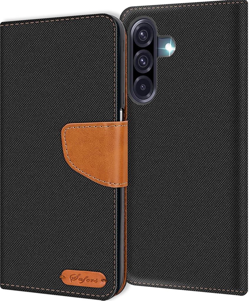A black flip case for a Samsung Galaxy A36 5G phone, with a brown leather accent and a small logo.