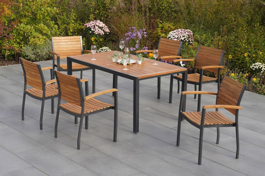 Merxx Gartenmöbel Set Santorin 7tlg., 6 Stapelsessel, Tisch Produktbild 