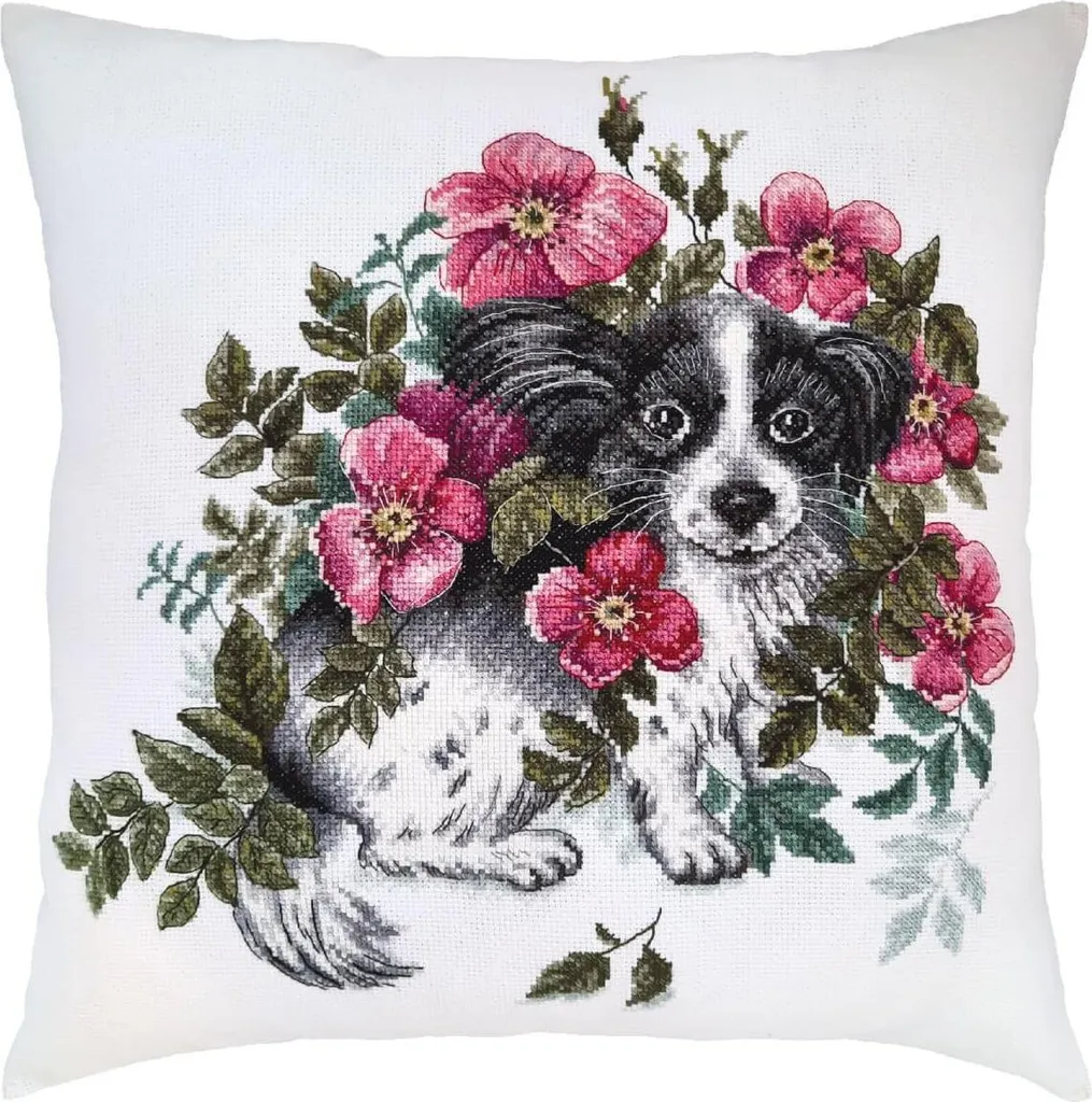 Set broderie point de croix RTO motif Chien Heureux grand format 40x40cm