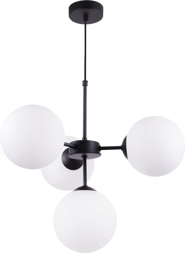 Hängelampe Schwarz mit Metallkonstruktion und 4 opalweißen Glas Kugelschirmen 15cm E14