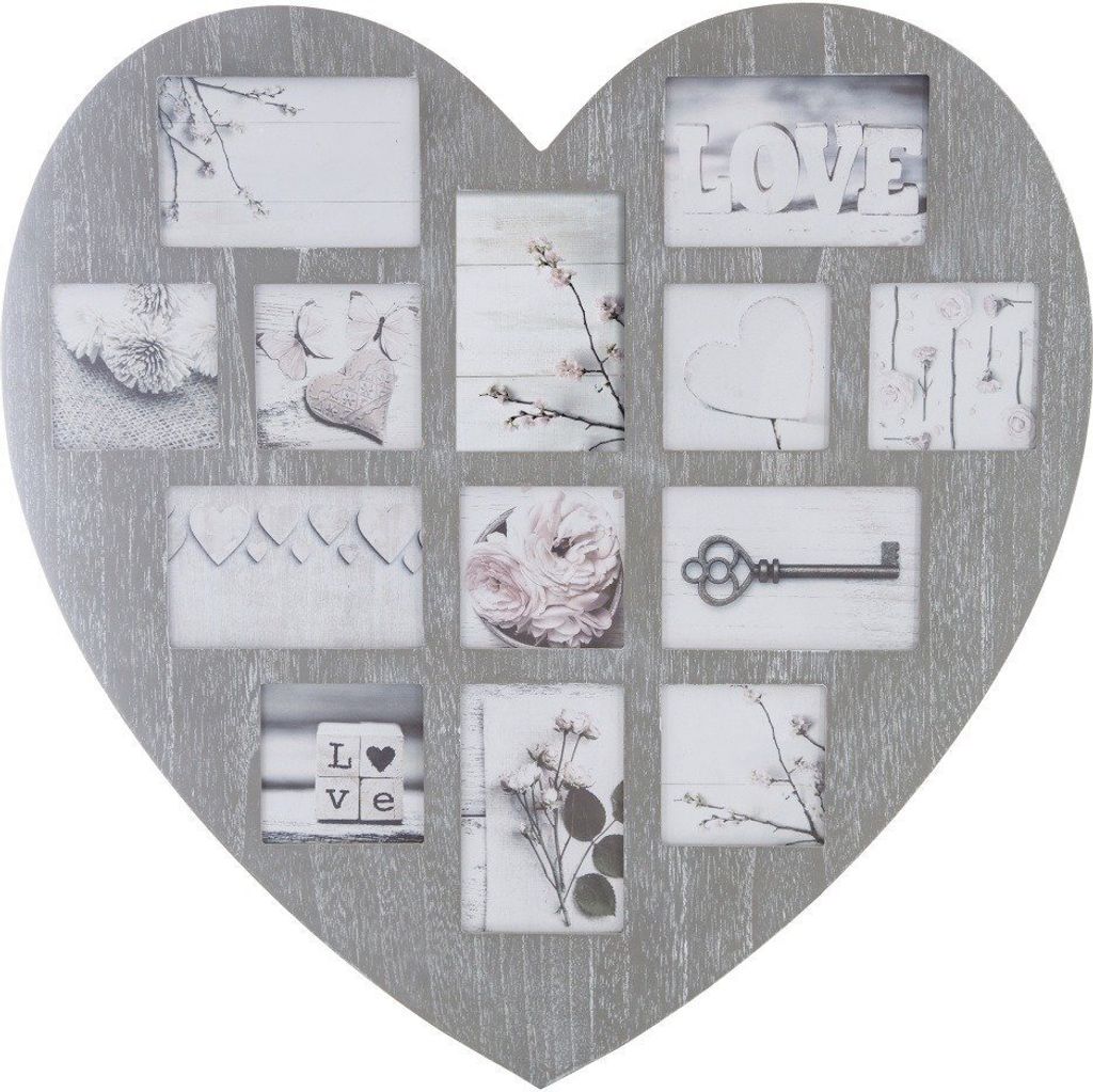 A heart-shaped photo frame with multiple picture slots, made of wood with a distressed gray finish.