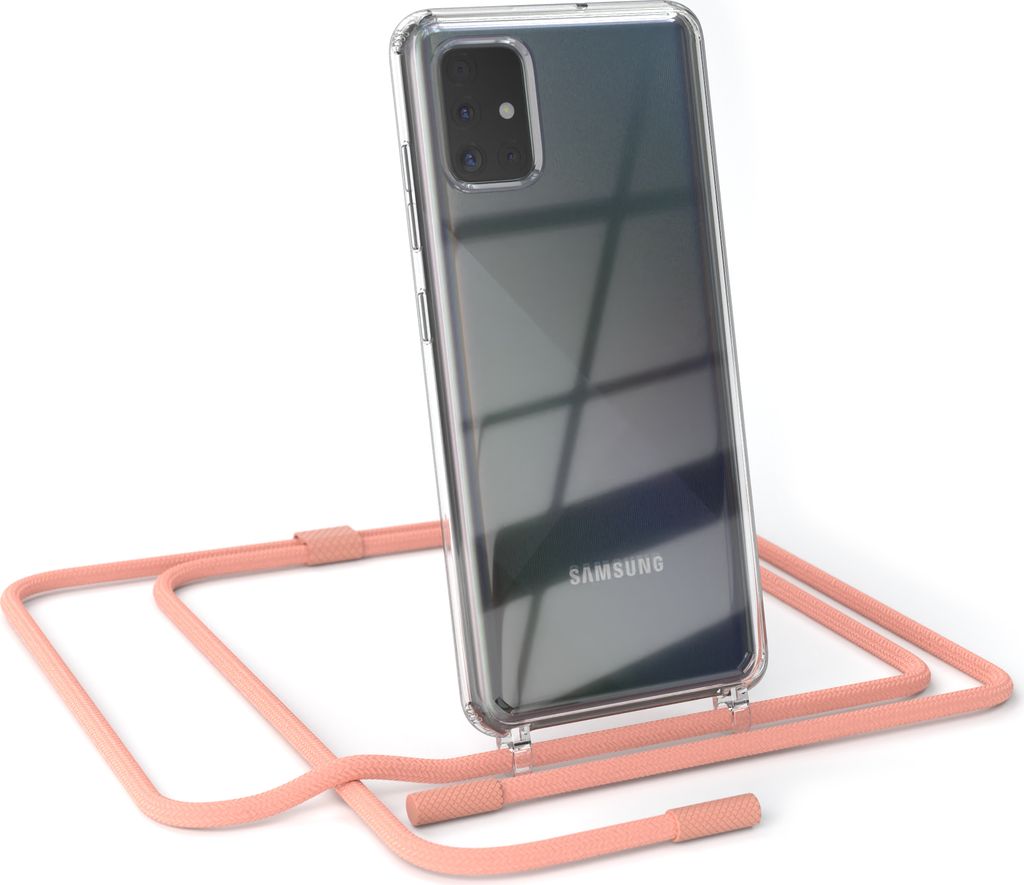 EAZY CASE Handykette für Samsung Galaxy A51, Clear Case aus Silikon, mit Umhängeband, abnehmbare Endstücke, Handyband in Rosa