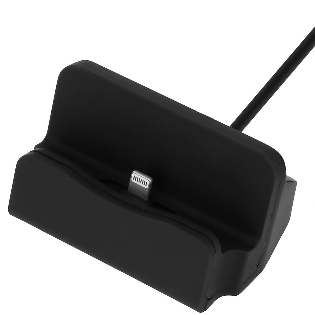 A black iPhone charging dock with a lightning connector is shown against a white background.