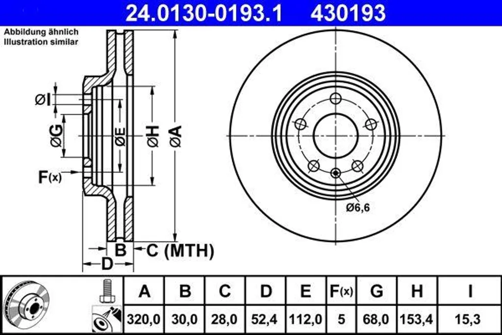 Disque de frein ATE 24.0130-0193.1 pour Audi A4 8K A5 8T Q5 8K0615301A