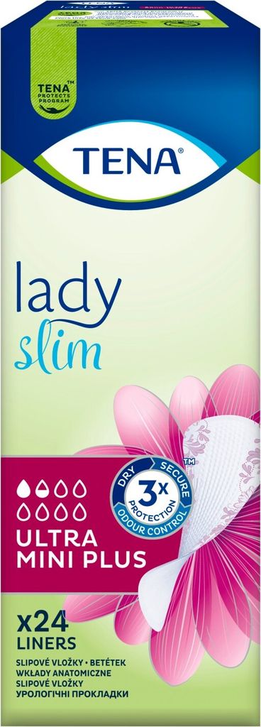 The image shows the packaging of Tena Lady Slim Ultra Mini Plus liners.