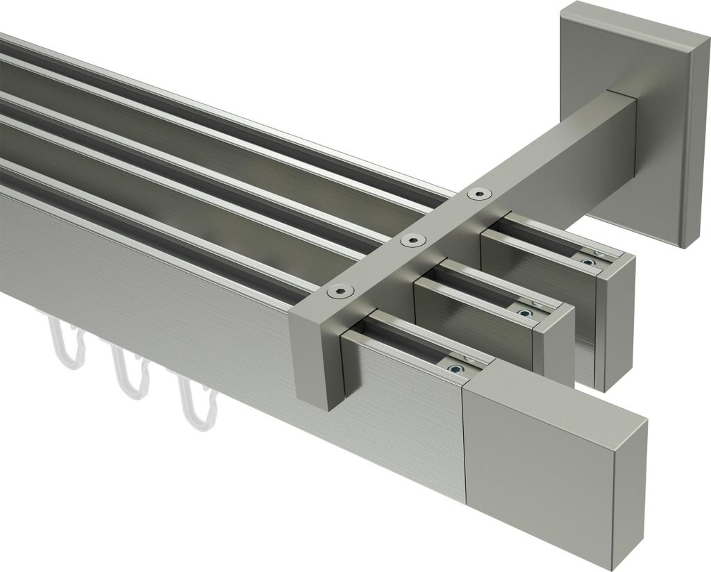 Interdeco Innenlaufstange / Gardinenstange mit Innenlauf Edelstahl-Optik, Typ Smartline Lox (Quader), 14x35 mm 3-läufig, 140 cm