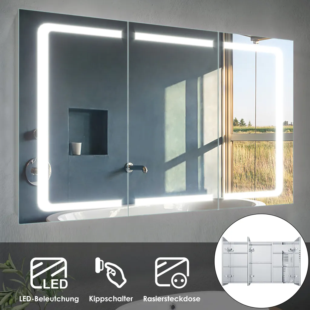 Armoire de toilette LED inox 105cm avec prise de courant et 3 miroirs pro