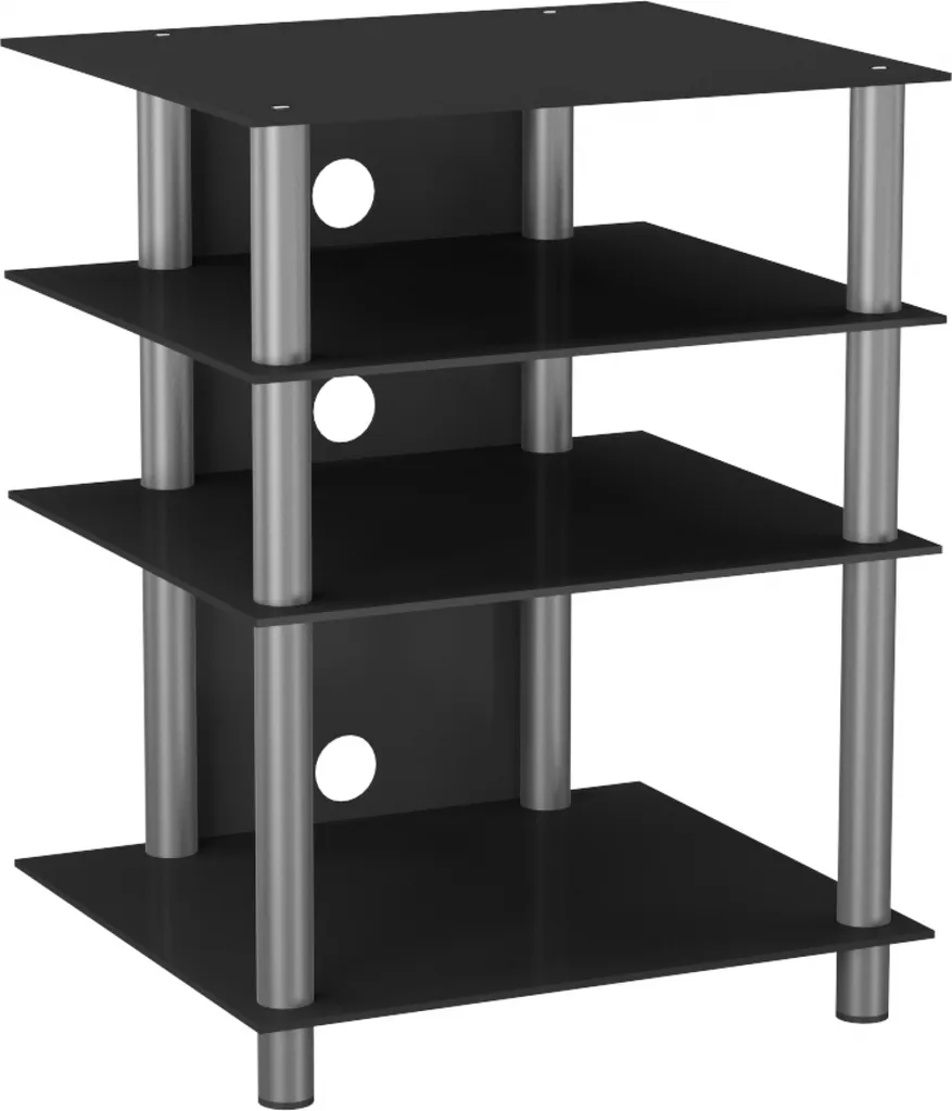 Meuble TV Hifi Stable et Aéré - Solution Rangement Verre Noir et Argent